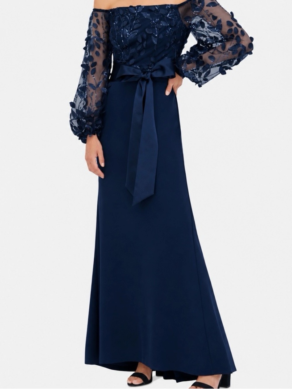 Eliza J Navy Off the Shoulder Floating Floral Embellished Evening Gown. NWT 6P